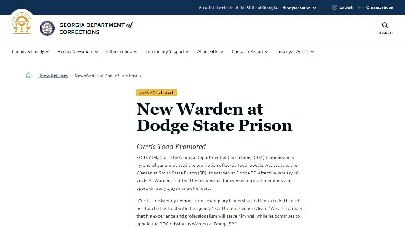New Warden at Dodge State Prison Georgia Department of Corrections